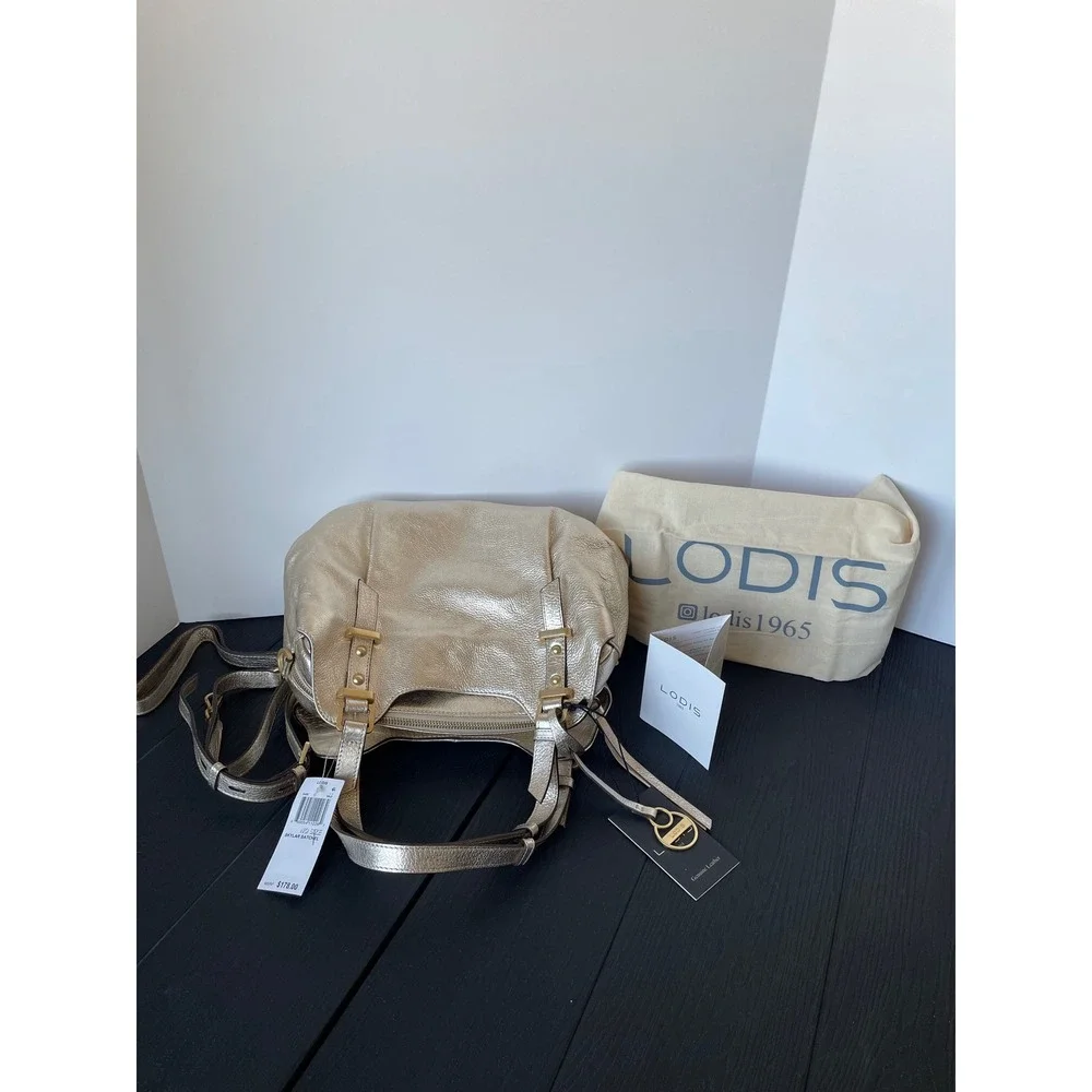 NEW Lodis Geniune Leather Handbag Skylar Satchel Gold Metallic Top Handle Purse